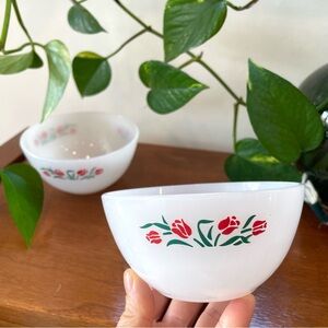 Vintage Milk Glass Bowls with Red Tulip Design